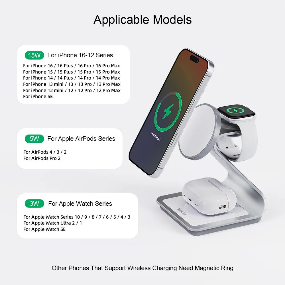 BONOLA 3 in 1 Wireless Charger for iPhone 17/16/15/13/14/12 30W Wireless Charging Station for Apple Watch/AirPods Pro